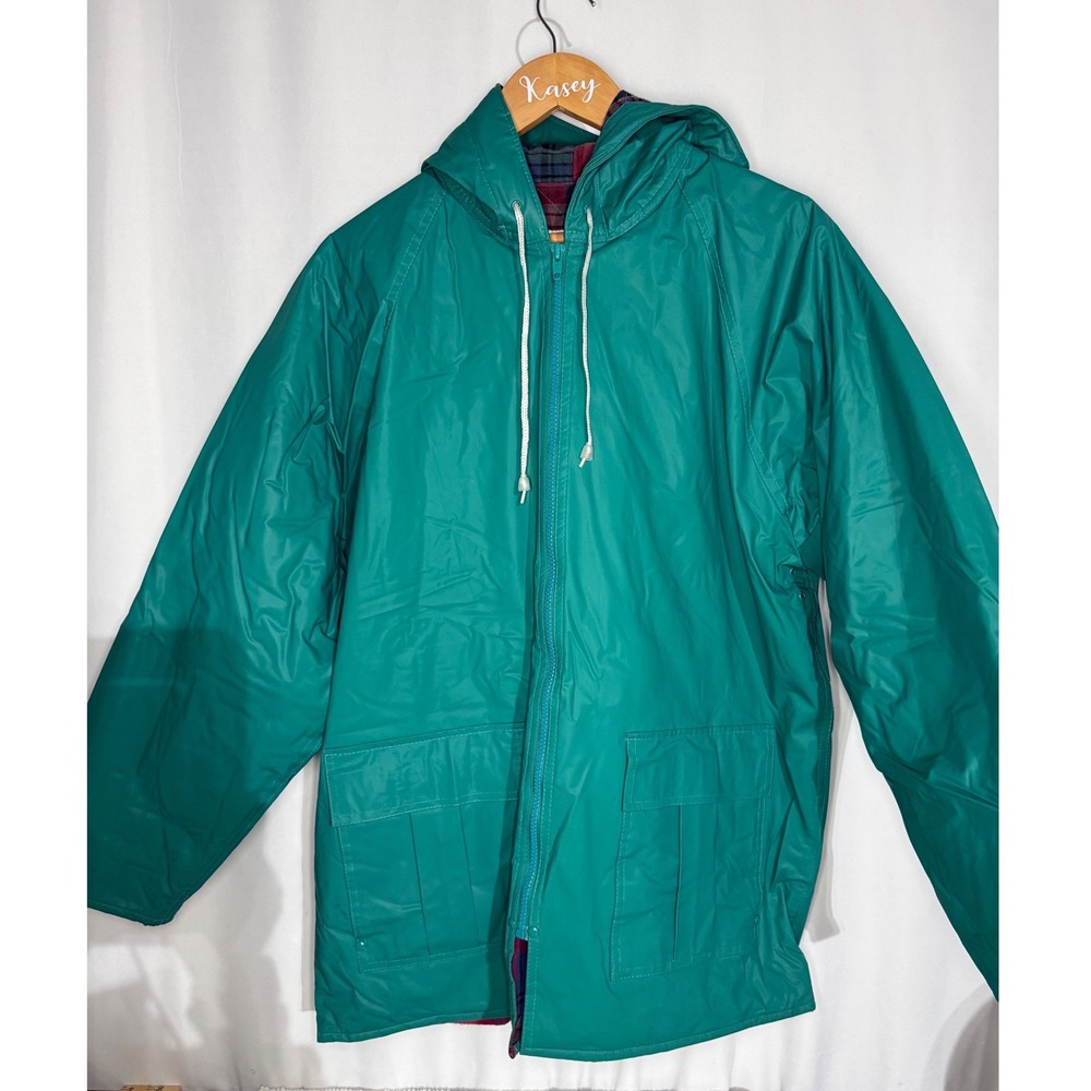 Misty Harbor Teal Green Raincoat Plaid Flannel Lined Hooded Slicker Jacket Large